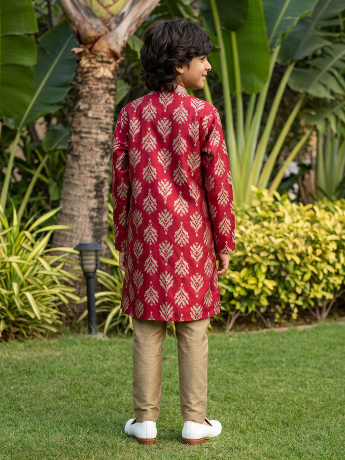 Maroon Printed Cotton Linen Kurta with Antique Gold Aligarhi Pant Set for Boys