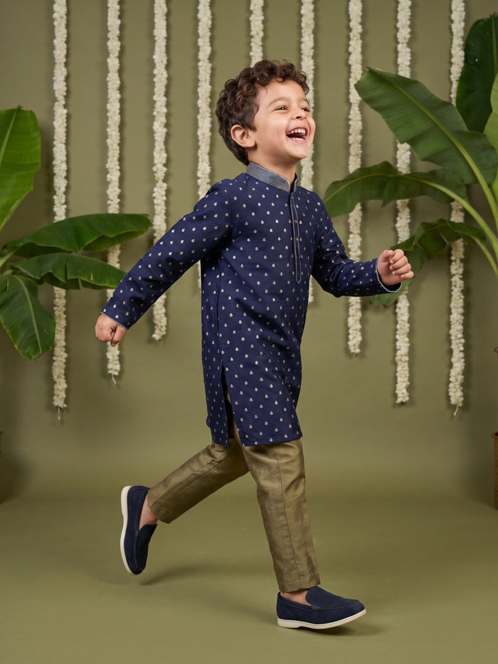 Navy Blue Printed Cotton Linen Kurta with Antique Gold Aligarhi Pants for Boys