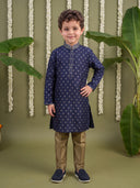 Navy Blue Printed Cotton Linen Kurta with Antique Gold Aligarhi Pants for Boys