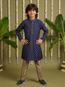 Navy Blue Printed Cotton Linen Kurta with Antique Gold Aligarhi Pants for Boys