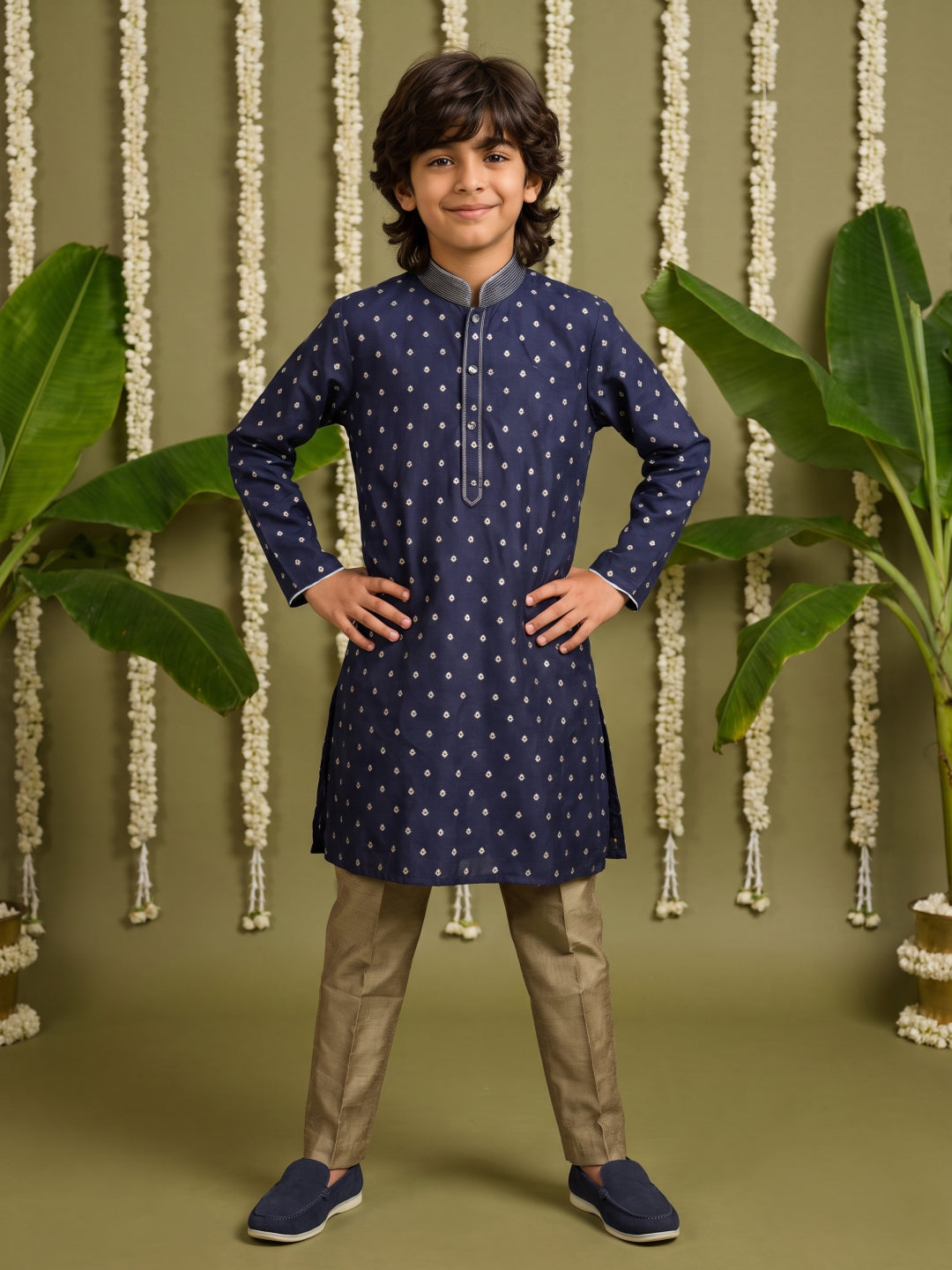 Navy Blue Printed Cotton Linen Kurta with Antique Gold Aligarhi Pants for Boys