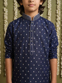Navy Blue Printed Cotton Linen Kurta with Antique Gold Aligarhi Pants for Boys