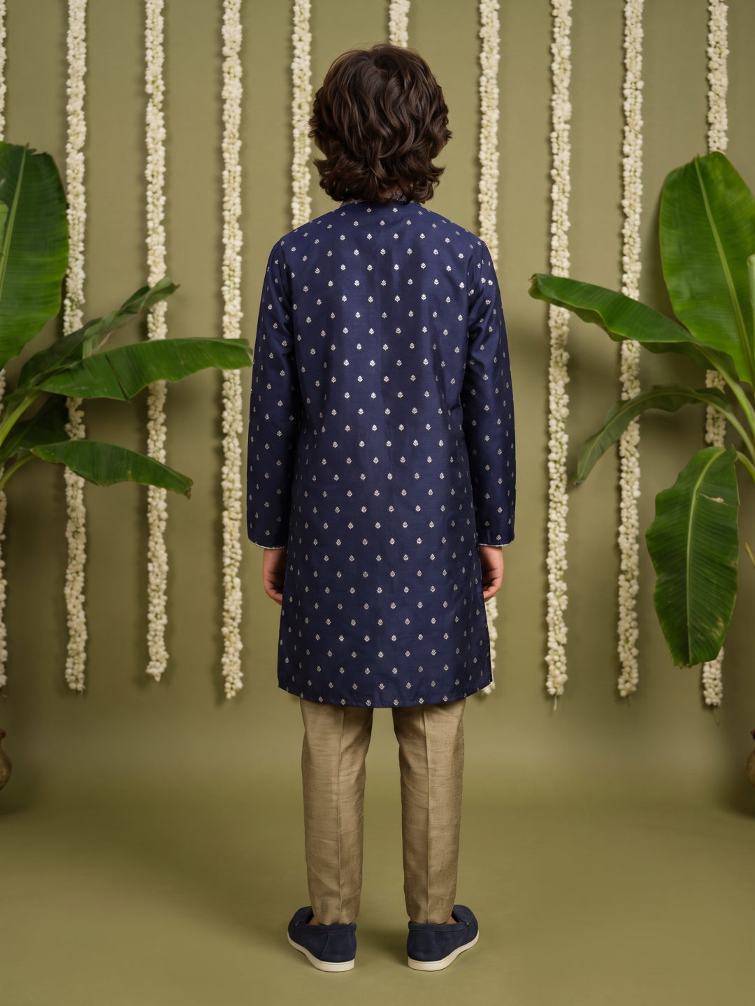 Navy Blue Printed Cotton Linen Kurta with Antique Gold Aligarhi Pants for Boys