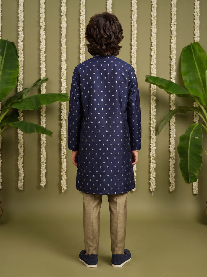 Navy Blue Printed Cotton Linen Kurta with Antique Gold Aligarhi Pants for Boys