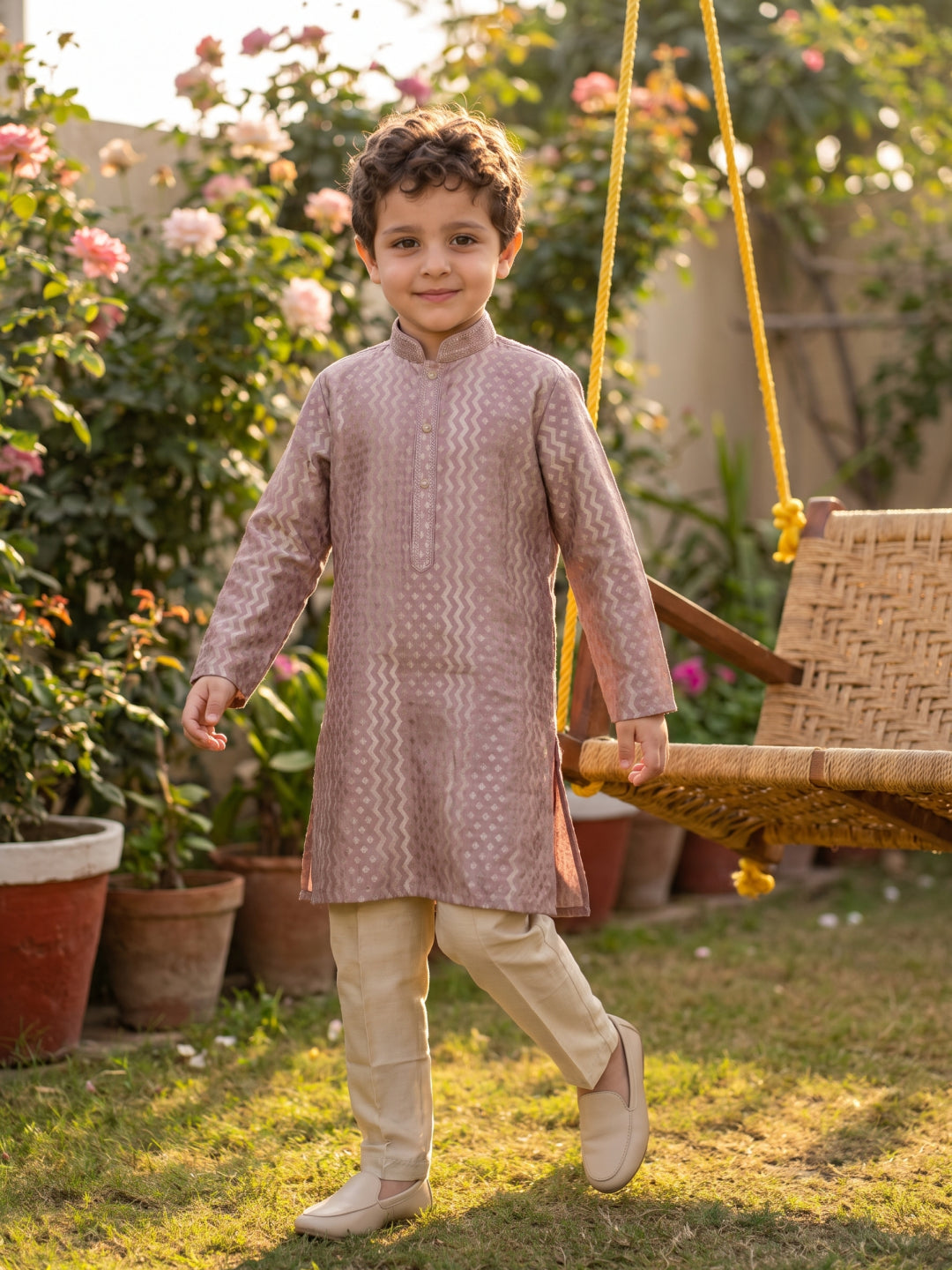 Onion Pink Embroidered Silk Kurta with Light Natural Aligarhi Pant Set for Boys - KORANM