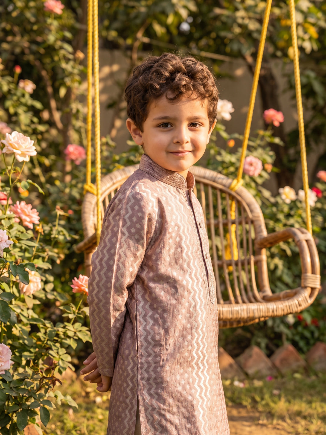 Onion Pink Embroidered Silk Kurta with Light Natural Aligarhi Pant Set for Boys - KORANM
