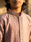 Onion Pink Embroidered Silk Kurta with Light Natural Aligarhi Pant Set for Boys - KORANM