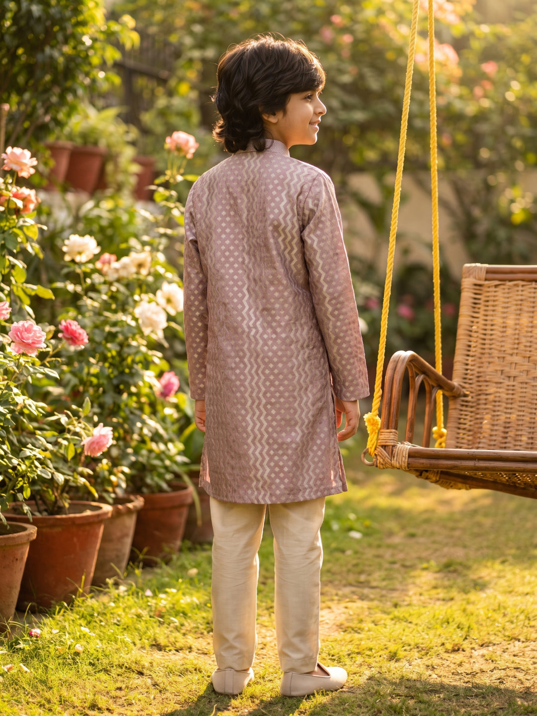 Onion Pink Embroidered Silk Kurta with Light Natural Aligarhi Pant Set for Boys - KORANM