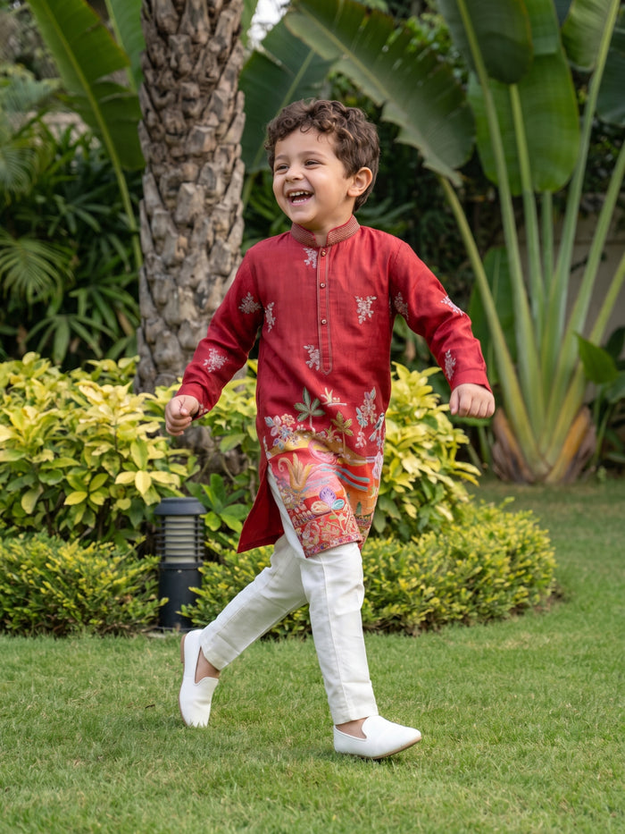 Red Satin Silk Embroidered Floral Kurta with Cream Aligarhi Pant Set for Boys