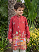 Red Satin Silk Embroidered Floral Kurta with Cream Aligarhi Pant Set for Boys