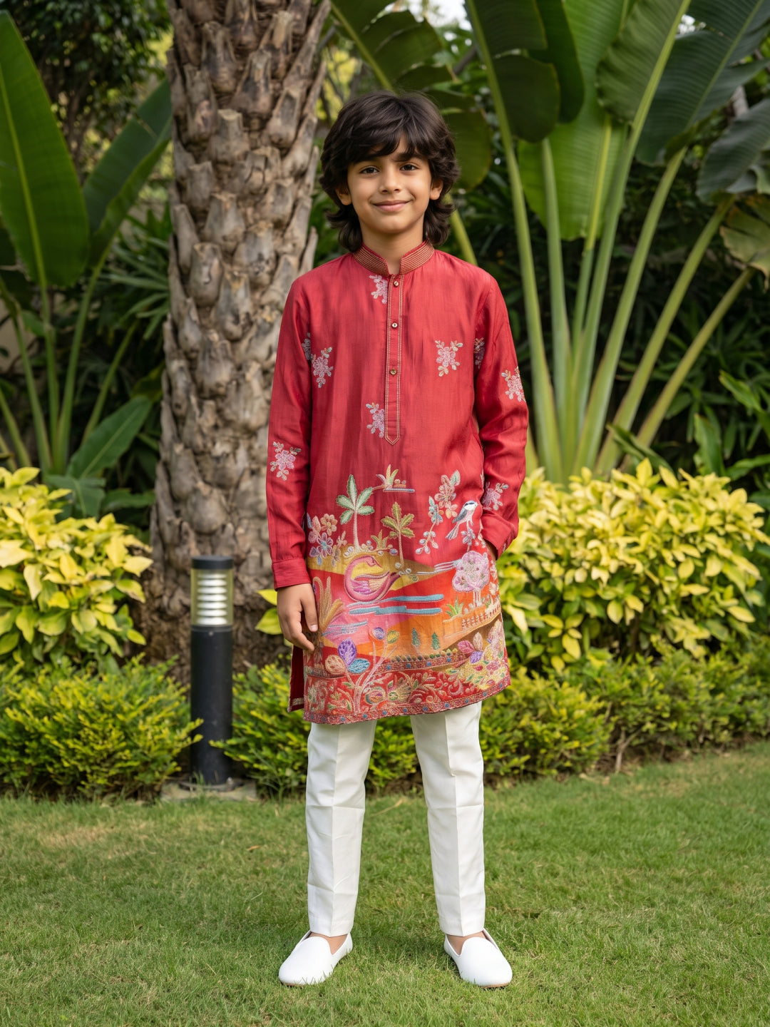 Red Satin Silk Embroidered Floral Kurta with Cream Aligarhi Pant Set for Boys