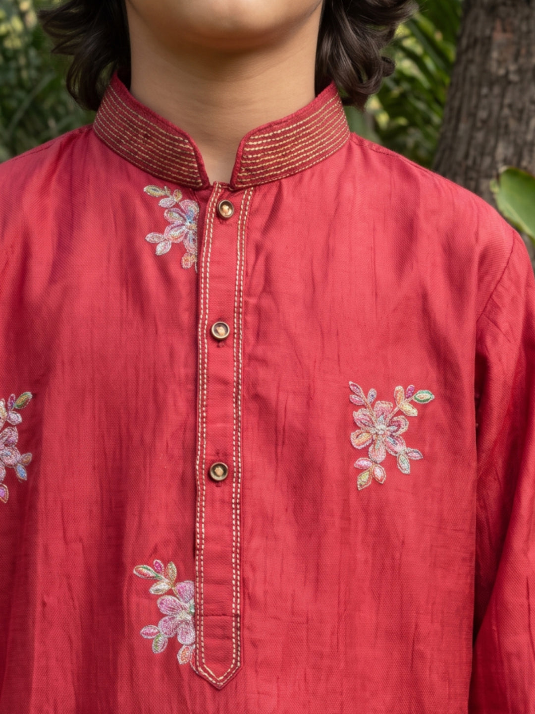 Red Satin Silk Embroidered Floral Kurta with Cream Aligarhi Pant Set for Boys