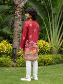 Red Satin Silk Embroidered Floral Kurta with Cream Aligarhi Pant Set for Boys