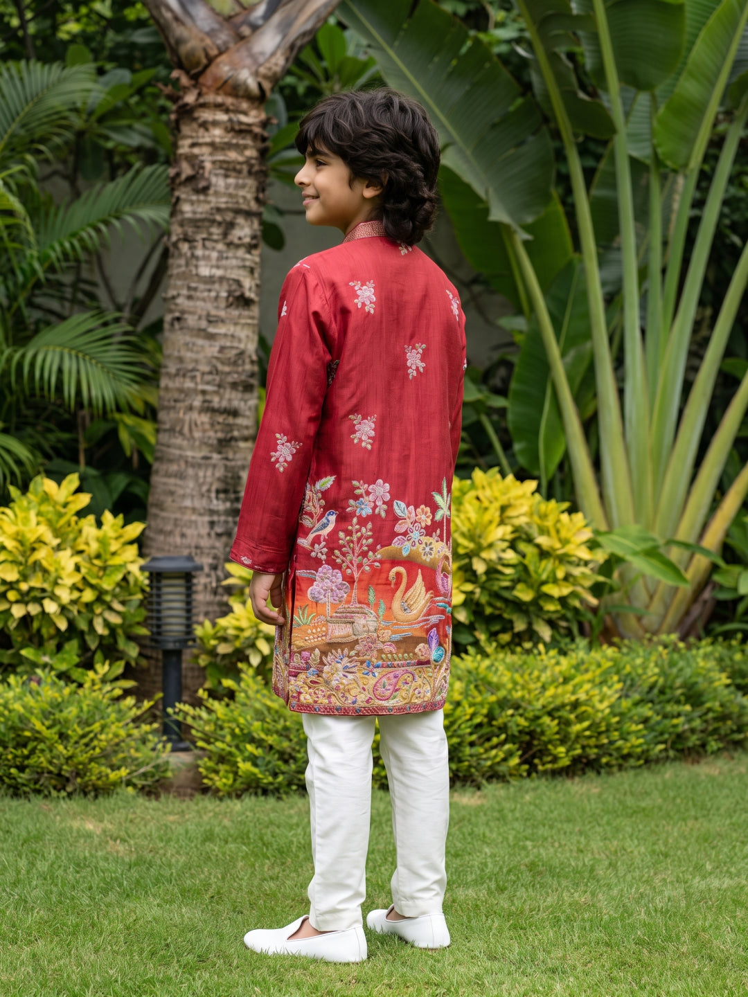 Red Satin Silk Embroidered Floral Kurta with Cream Aligarhi Pant Set for Boys