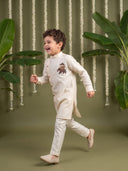 Beige Linen Satin Side-Open Elephant Printed Kurta with Off-White Aligarhi Pant Set for Boys - KORANM