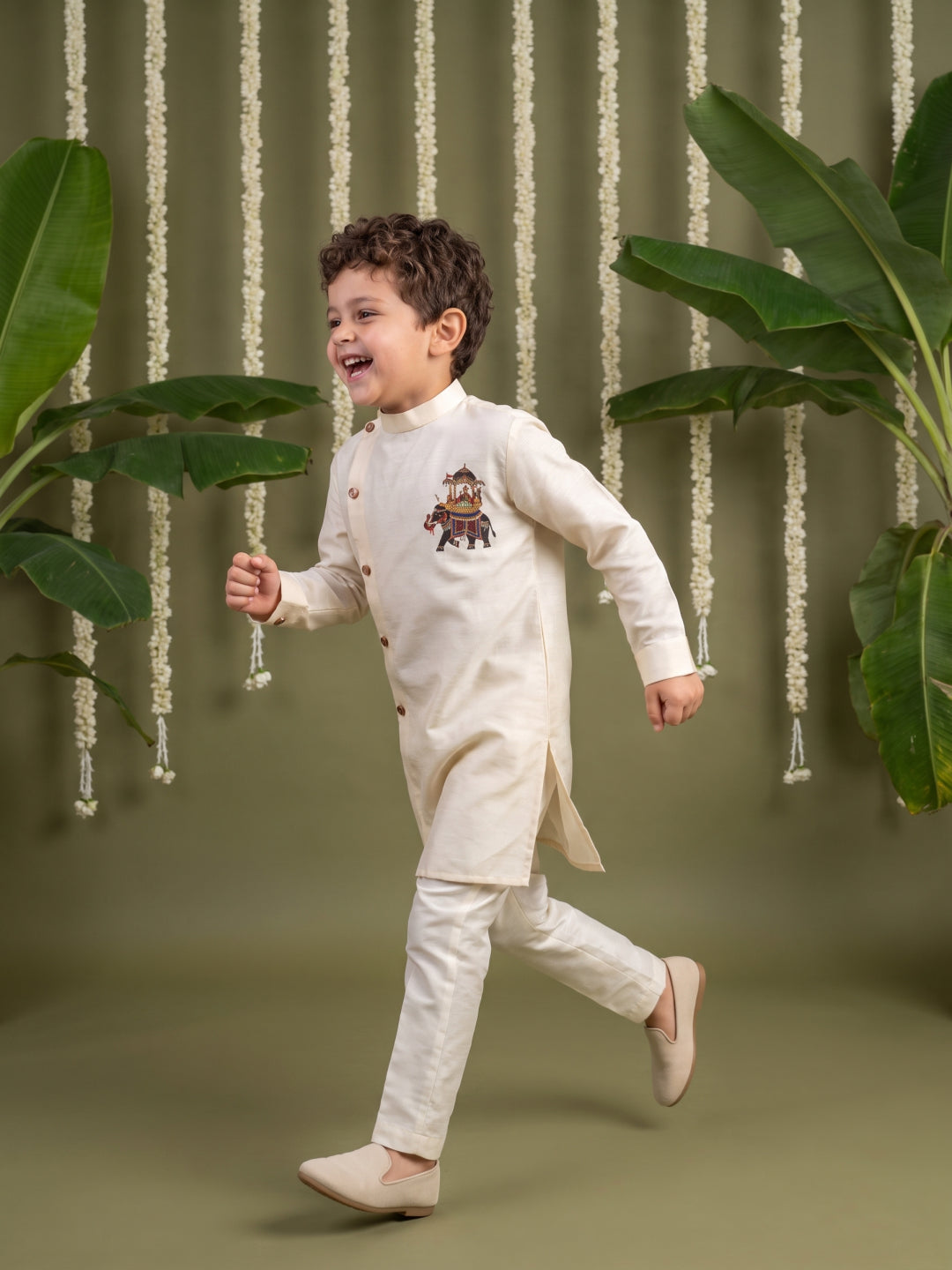 Beige Linen Satin Side-Open Elephant Printed Kurta with Off-White Aligarhi Pant Set for Boys - KORANM