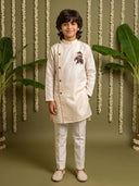 Beige Linen Satin Side-Open Elephant Printed Kurta with Off-White Aligarhi Pant Set for Boys - KORANM