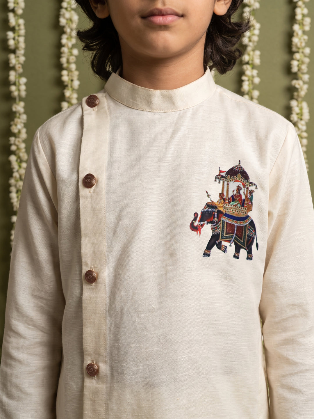 Beige Linen Satin Side-Open Elephant Printed Kurta with Off-White Aligarhi Pant Set for Boys - KORANM
