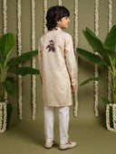 Beige Linen Satin Side-Open Elephant Printed Kurta with Off-White Aligarhi Pant Set for Boys - KORANM