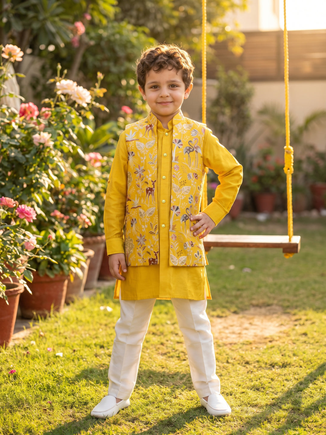 Yellow Silk Kurta with Off-White Aligarhi Pant and Embroidered Bandi Jacket for Boys