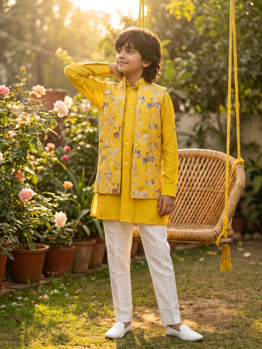 Yellow Silk Kurta with Off-White Aligarhi Pant and Embroidered Bandi Jacket for Boys