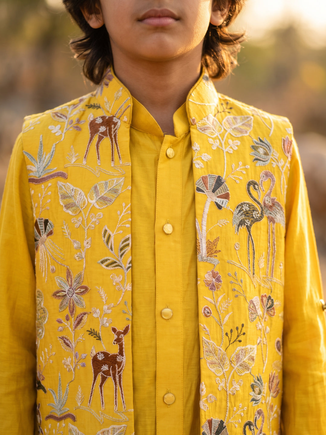 Yellow Silk Kurta with Off-White Aligarhi Pant and Embroidered Bandi Jacket for Boys