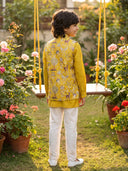 Yellow Silk Kurta with Off-White Aligarhi Pant and Embroidered Bandi Jacket for Boys