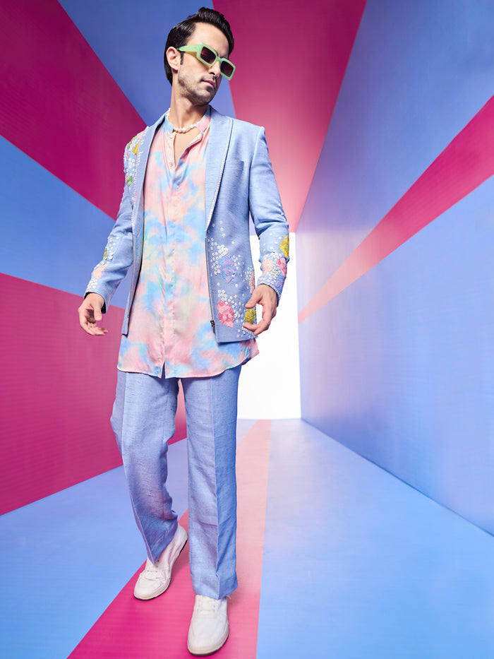 Blue Blazer Sets with Embroidered Floral Work Blazer and Pants.