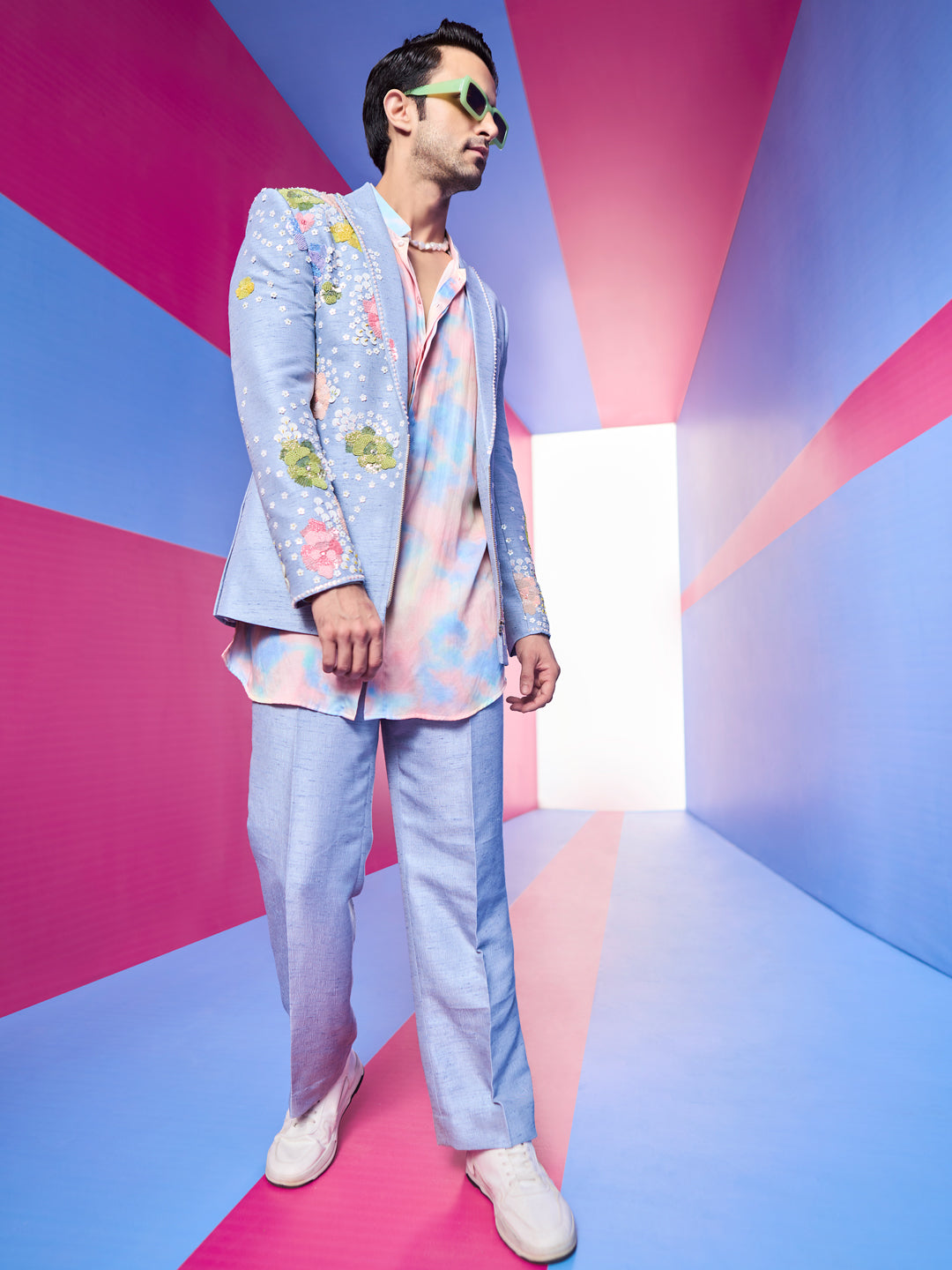 Blue Blazer Sets with Embroidered Floral Work Blazer and Pants.