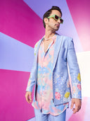 Blue Blazer Sets with Embroidered Floral Work Blazer and Pants.