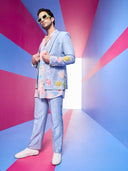 Blue Blazer Sets with Embroidered Floral Work Blazer and Pants.