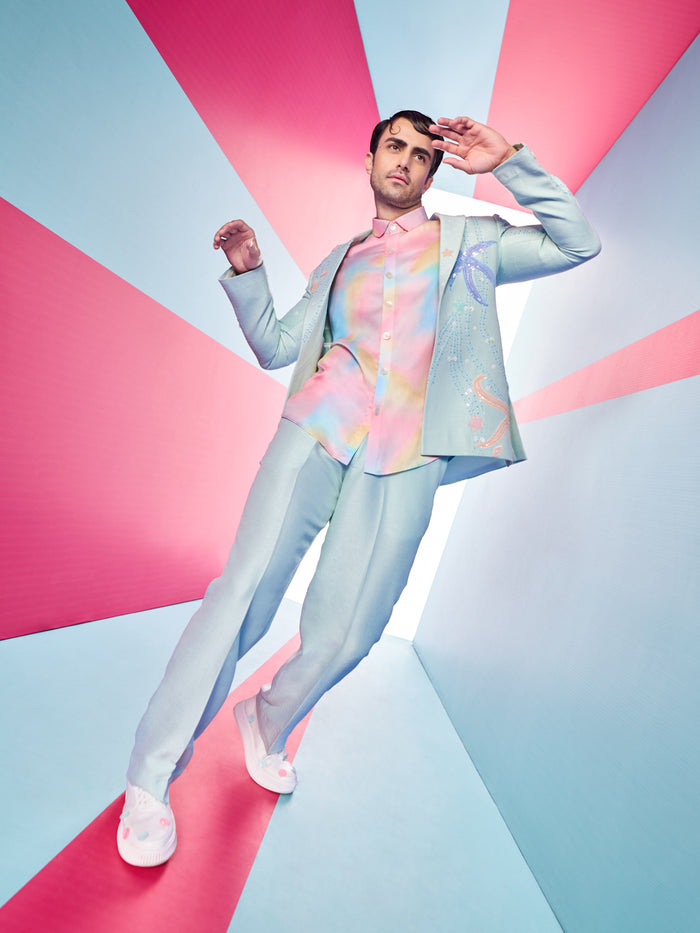 Aqua Blazer Sets with Embroidered StarFish and Shimmering Sequins Work and Pant
