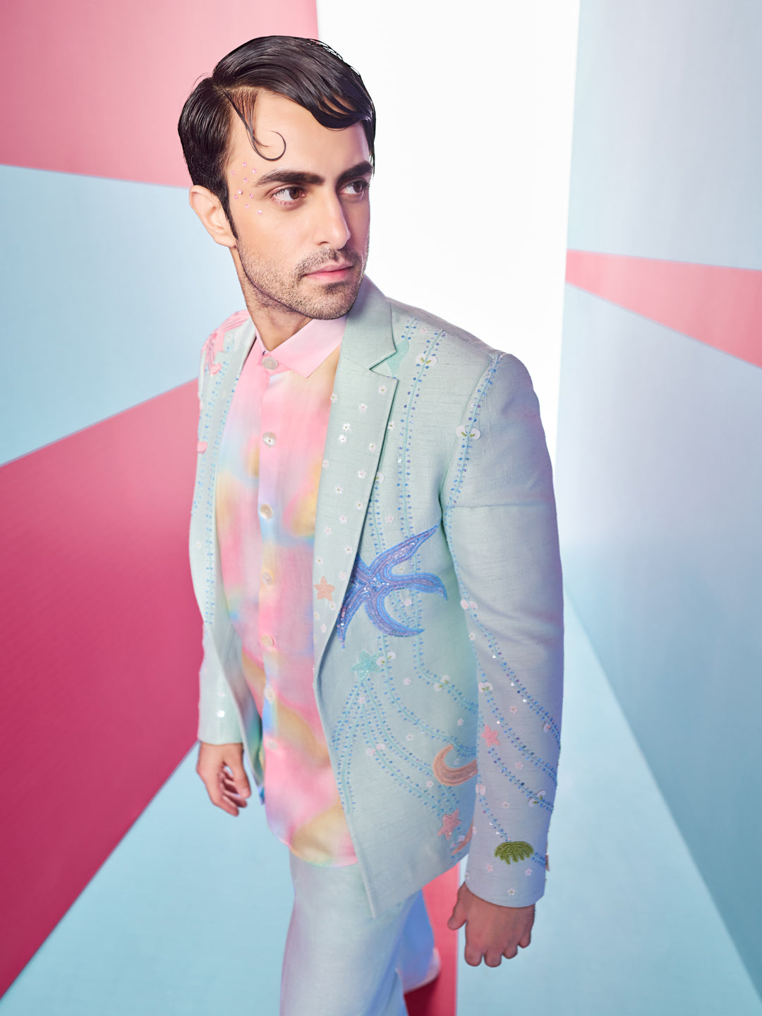 Aqua Blazer Sets with Embroidered StarFish and Shimmering Sequins Work and Pant