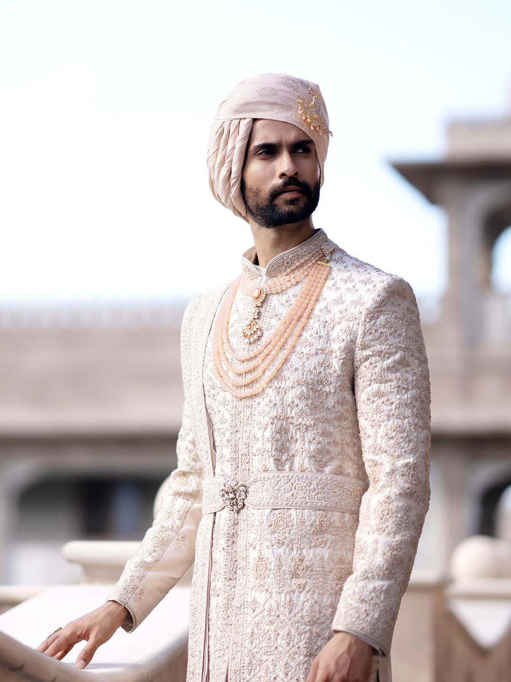 Pastel Peach Embroidered Sherwani Set For Groom