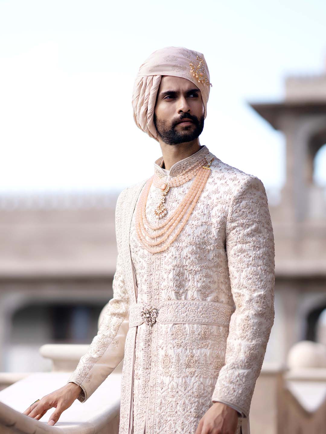 Pastel Peach Embroidered Sherwani Set For Groom