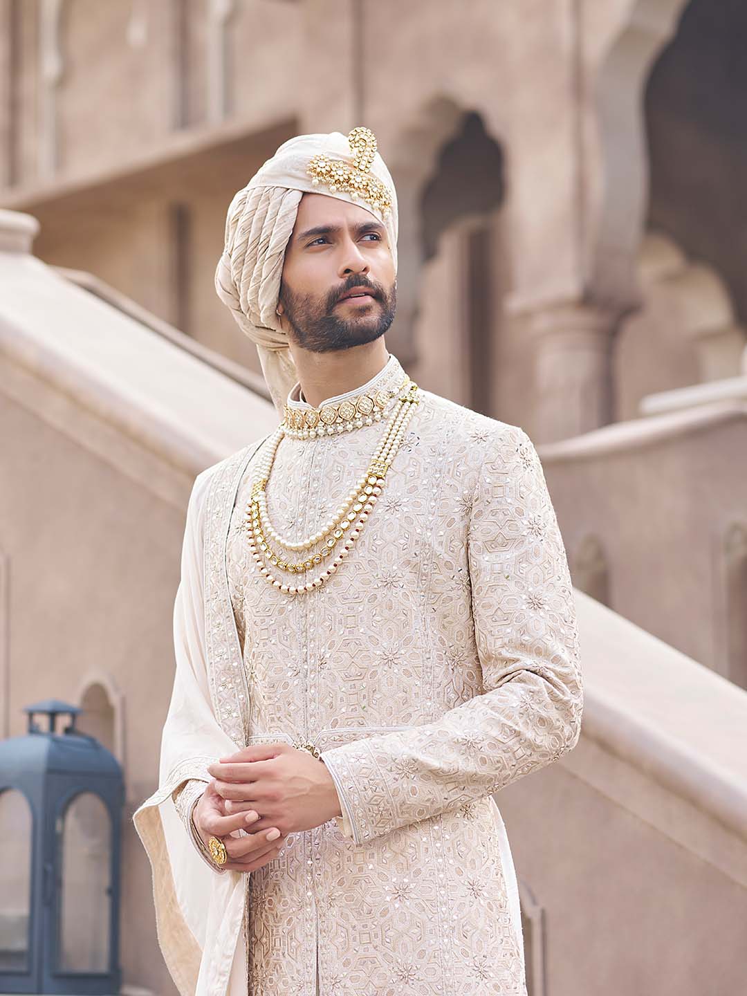 Jodhpuri Marriage Wedding Sherwani Cream Art Silk Computer Thread