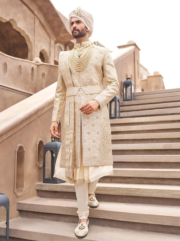 Champagne Beige Silk Embroidered Sherwani For Groom