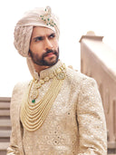 Champagne Beige Silk Embroidered Sherwani For Groom