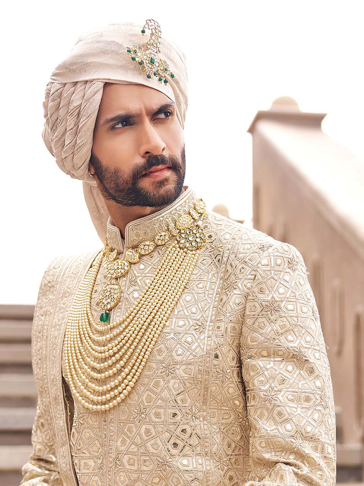 Champagne Beige Silk Embroidered Sherwani For Groom