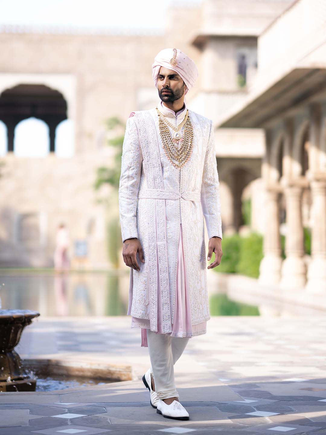 Ivory Embroidered Sherwani Set For Groom