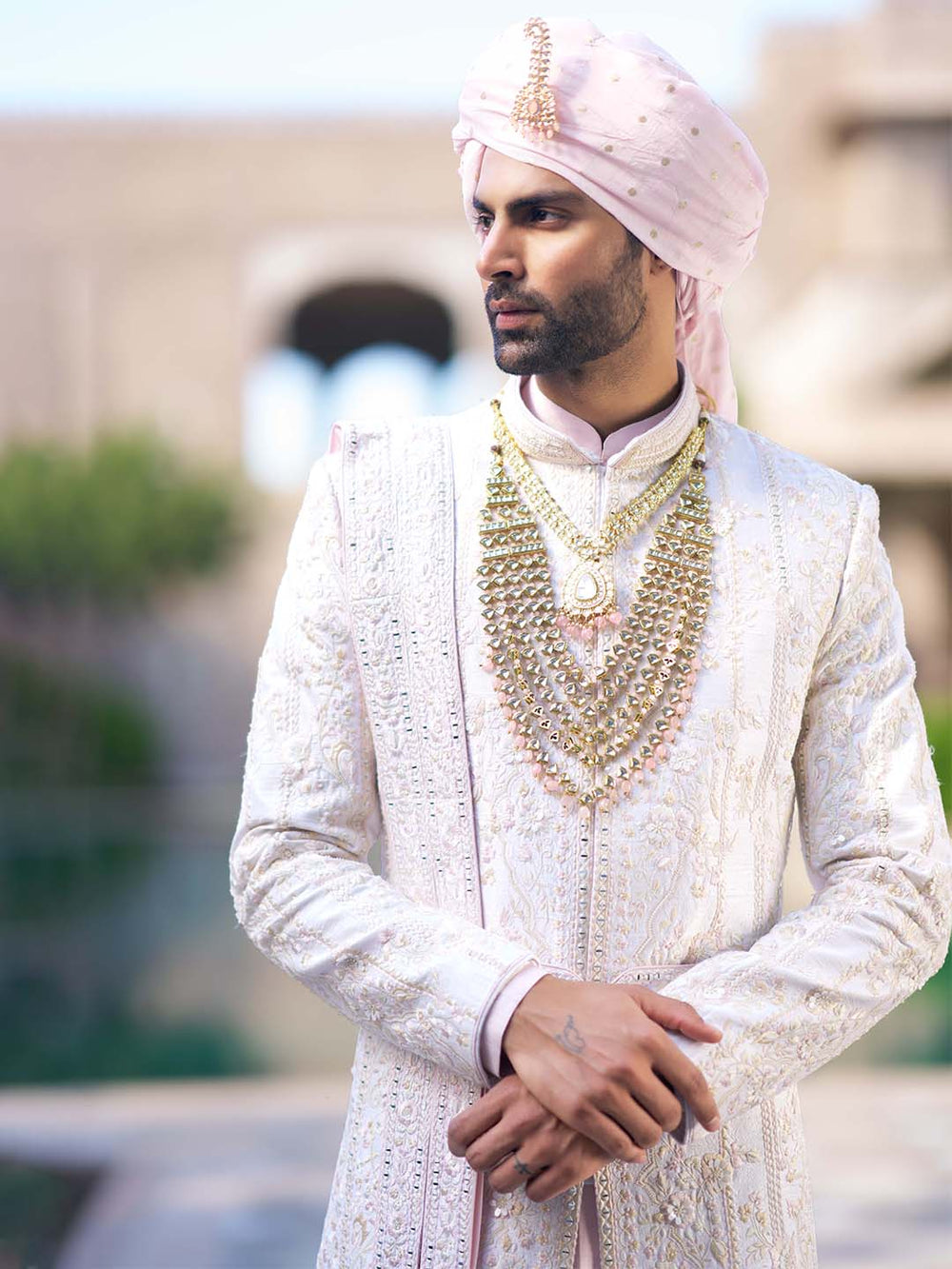 Ivory Embroidered Sherwani Set For Groom