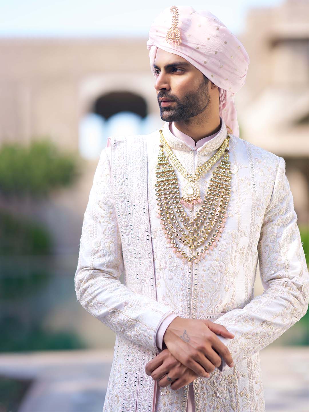Ivory Embroidered Sherwani Set For Groom
