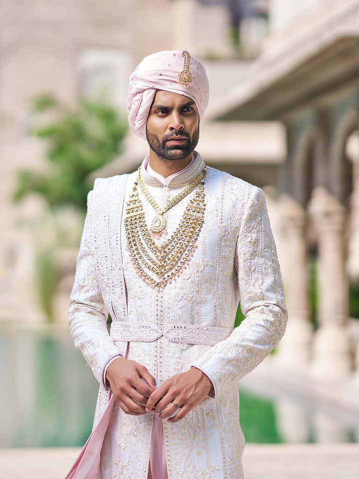 Ivory Embroidered Sherwani Set For Groom