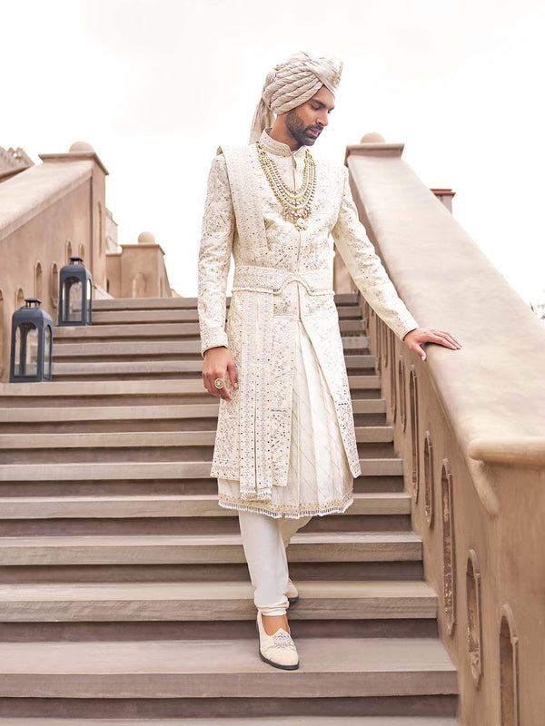 Frost Cream Embroidered Sherwani Set For Wedding