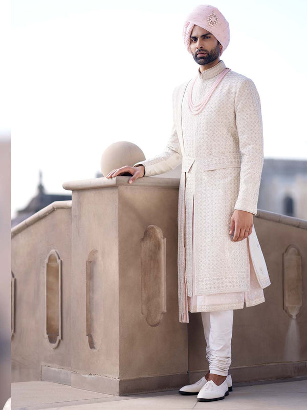 Classic Cream Embroidered Sherwani For Groom