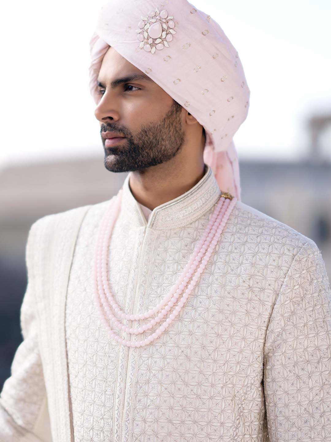 Classic Cream Embroidered Sherwani For Groom