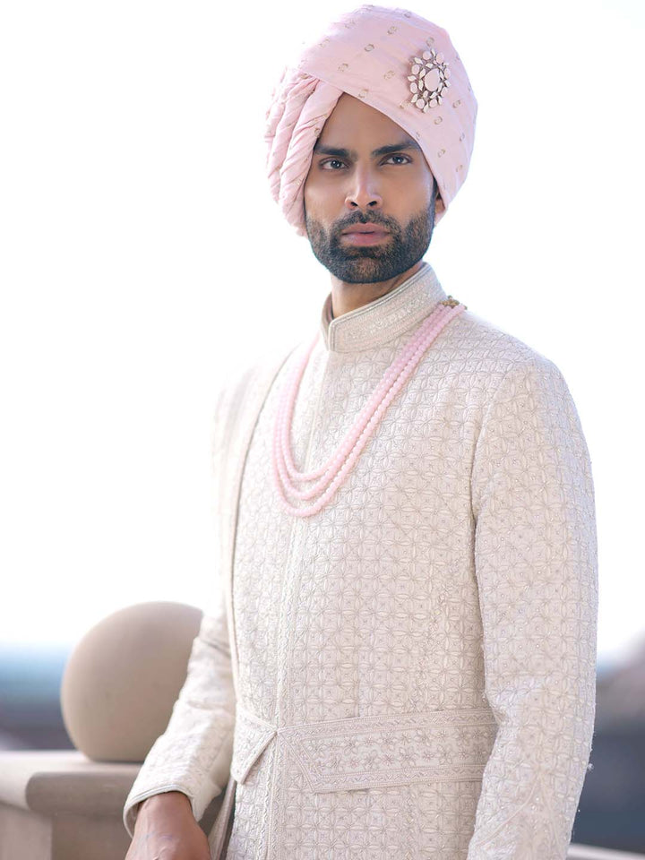 Classic Cream Embroidered Sherwani For Groom