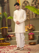 Muhurtham set with cream Raw Silk hand highlight work on Sherwani, and Dhoti - KORANM