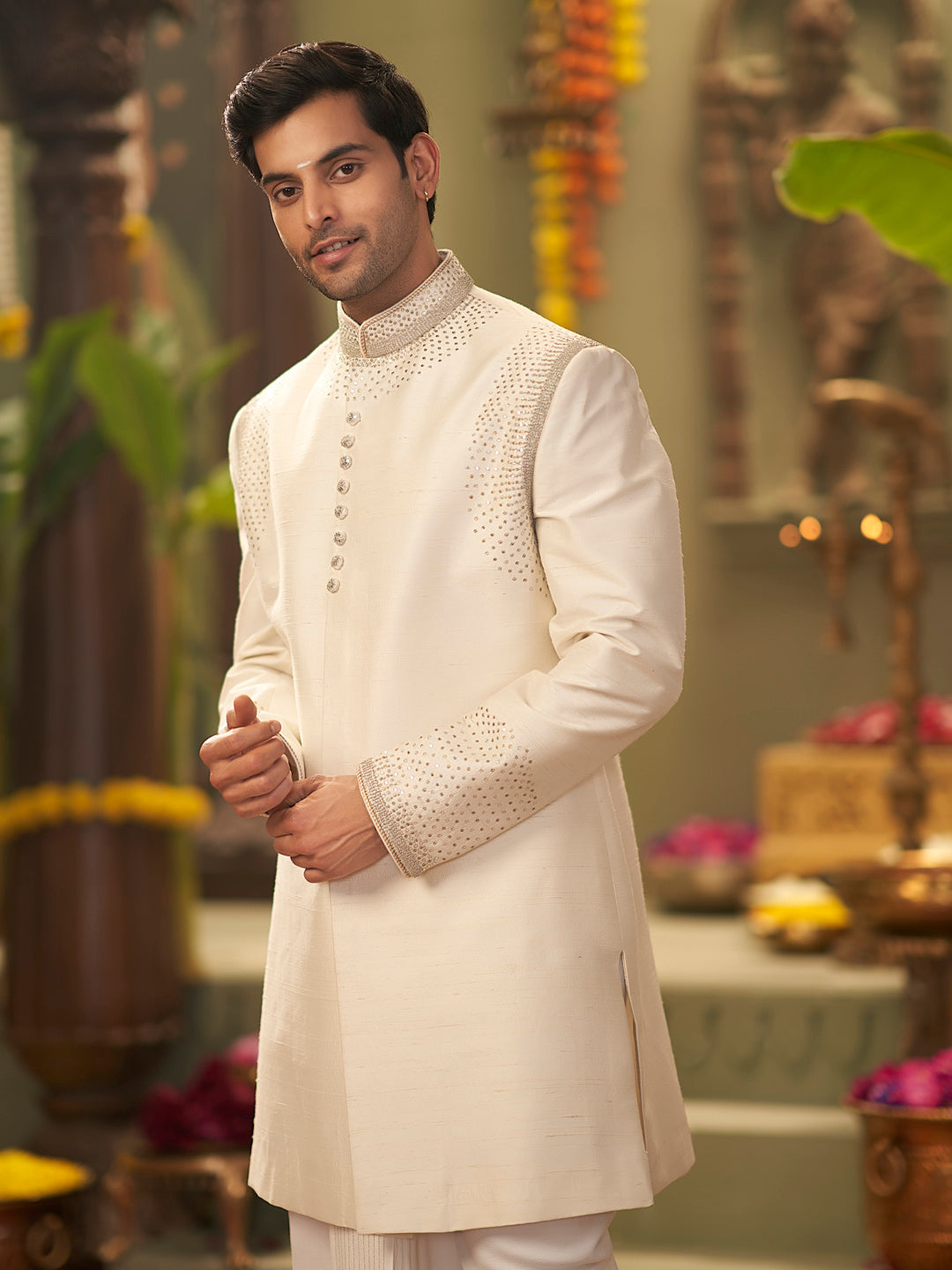 Muhurtham set with cream Raw Silk hand highlight work on Sherwani, and Dhoti - KORANM