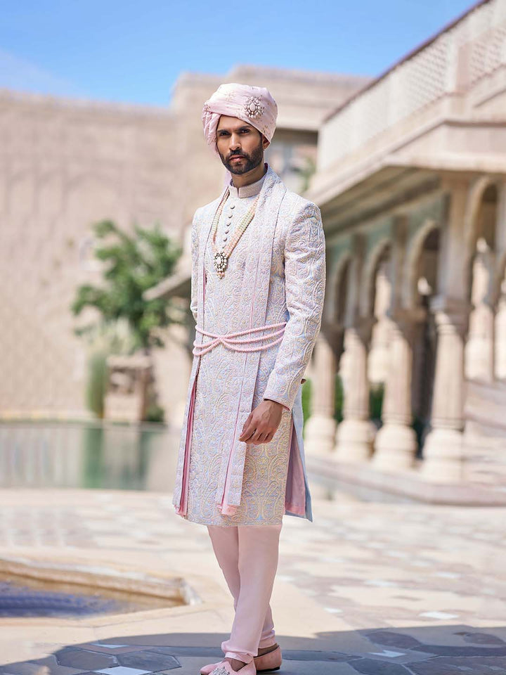 Carnation Blue Embroidered Traditional Sherwani For Men